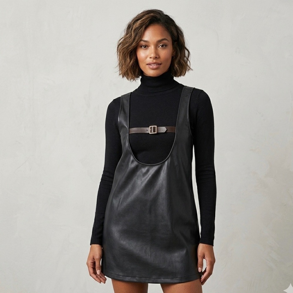 WeWoreWhat Vegan Leather Buckle Front Tunic Dress Black XS WWD25-1 NEW